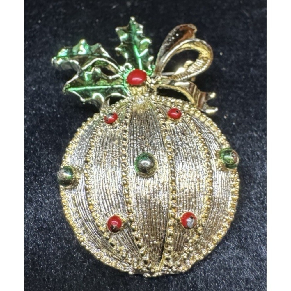 Vintage Gerry's Christmas Ornament Brooch Gold Tone Holiday Bauble Holly Bow Red